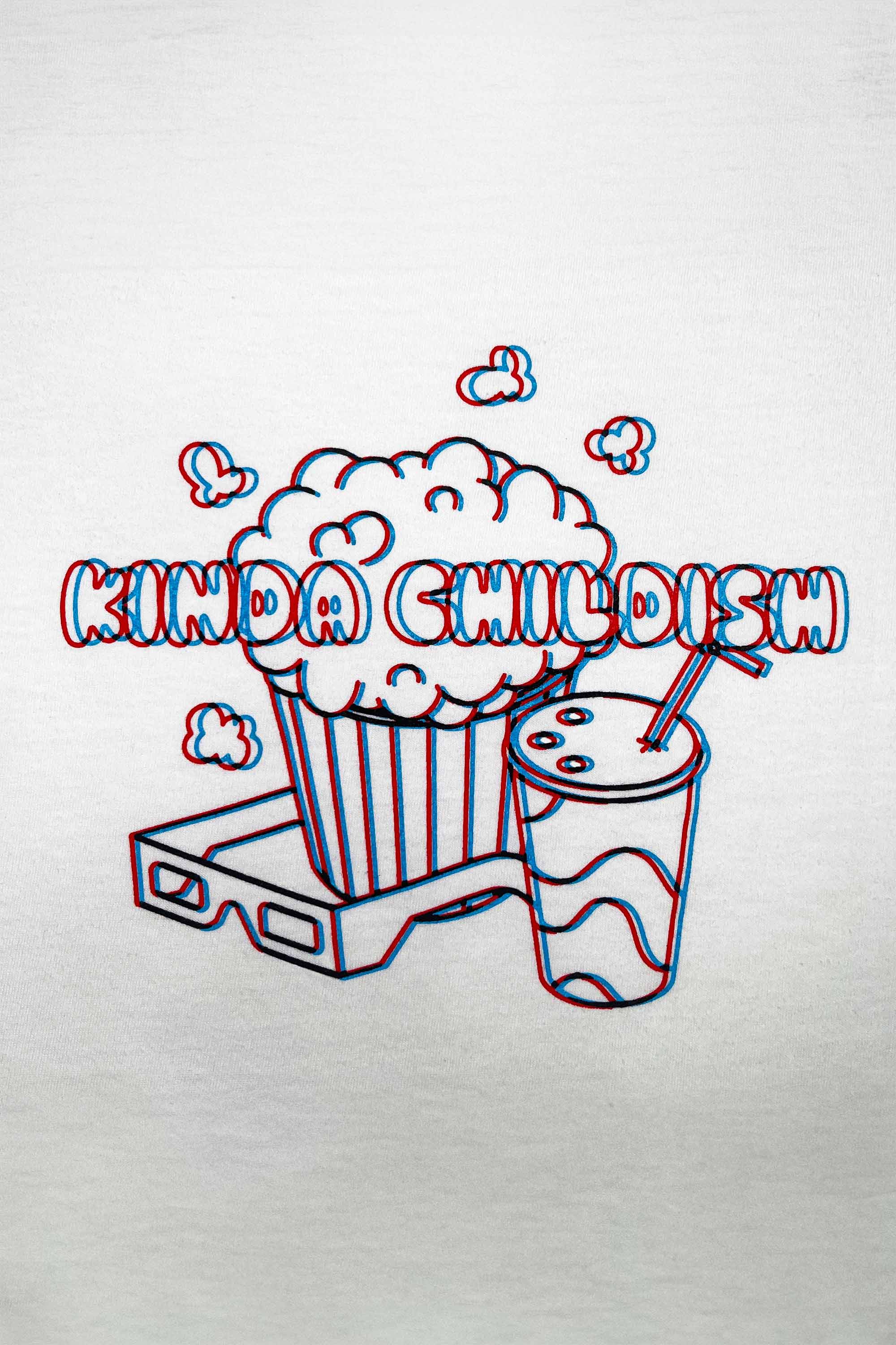 White cotton t-shirt with a 3D screen-printed movie theater design and a pair of 3D anaglyph glasses