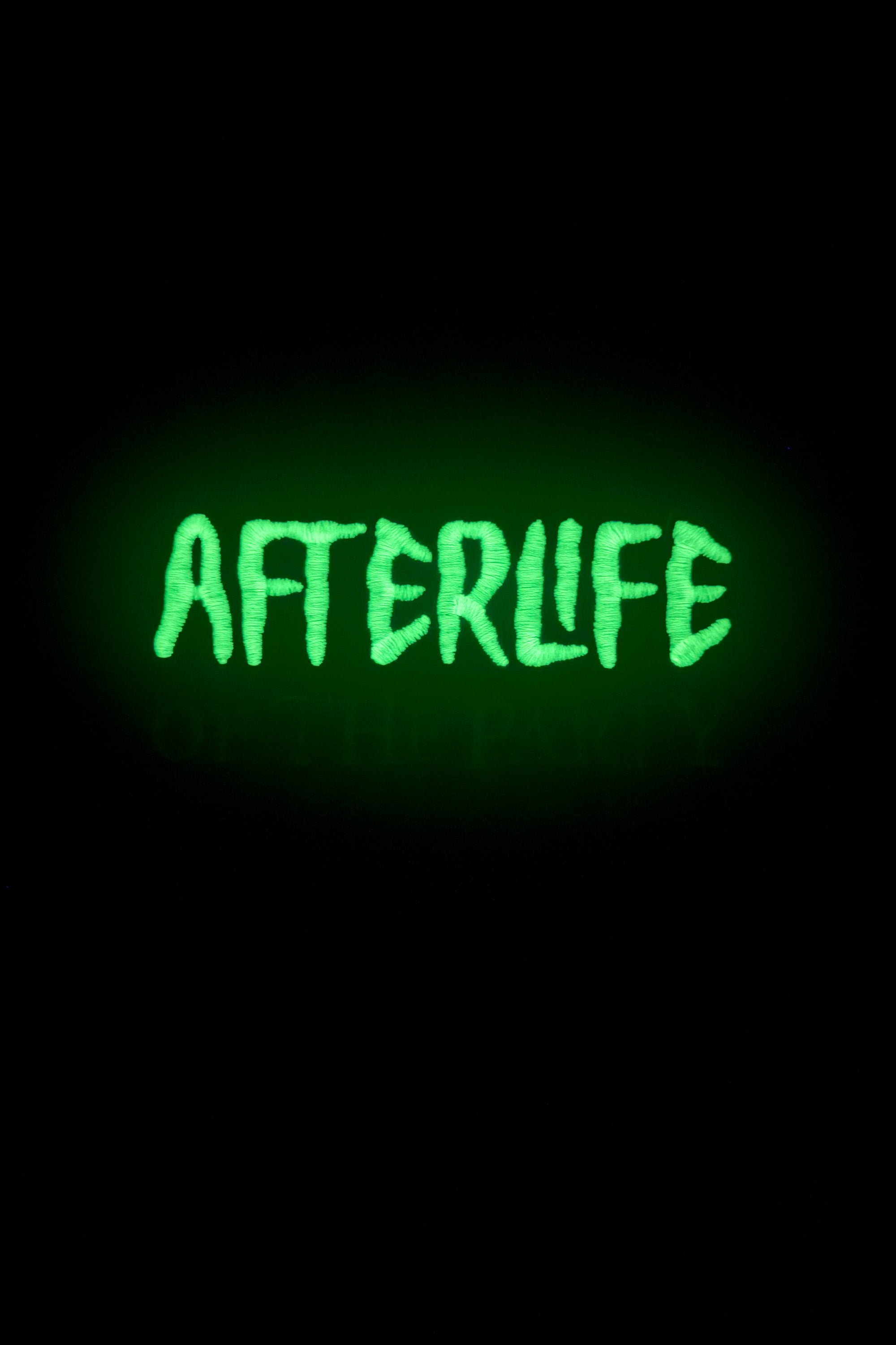 Purple preshrunk cotton t-shirt with glow-in-the-dark 'Afterlife' embroidery, printed graphic of tailgating skeletons