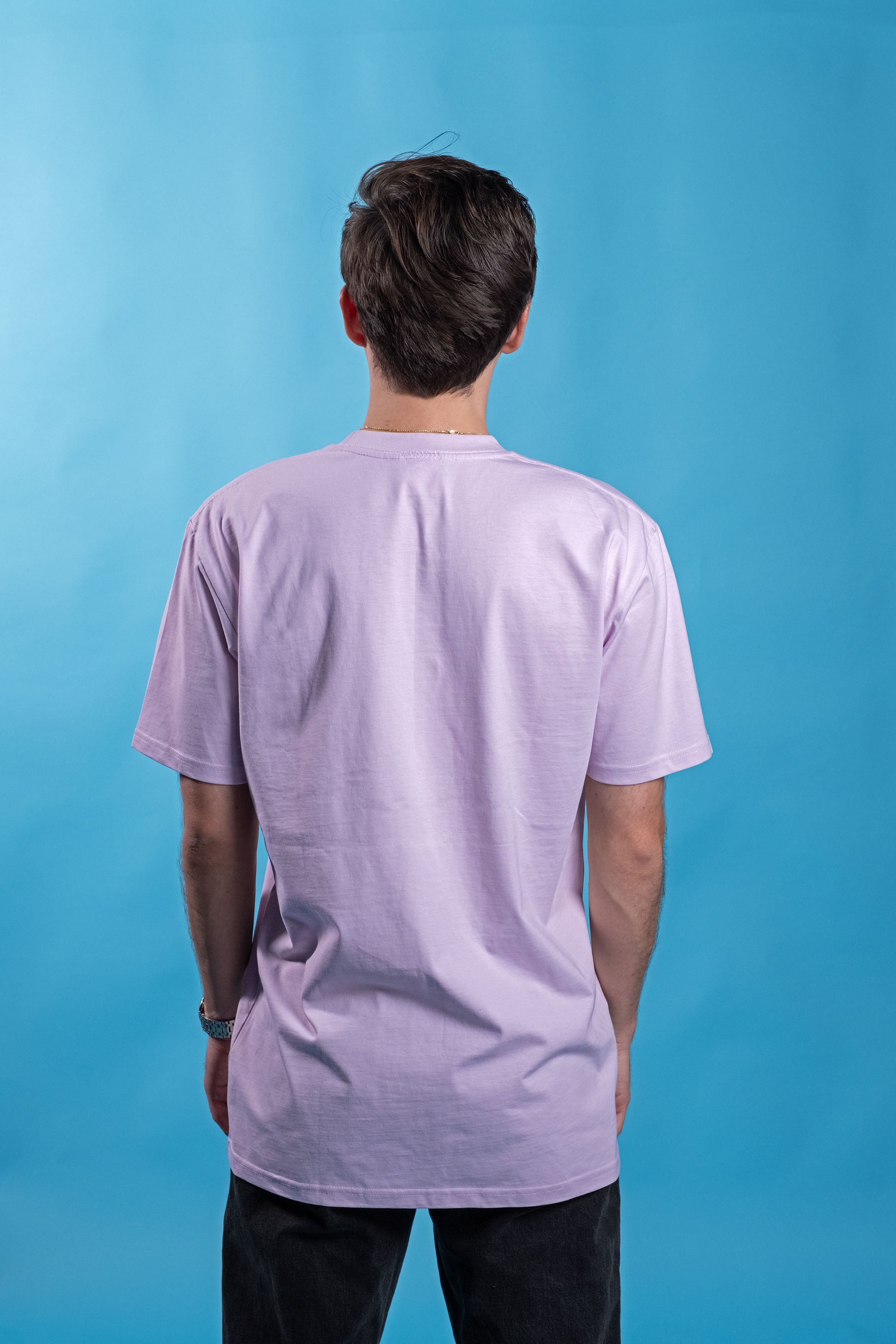 Preshrunk lilac cotton t-shirt with 'Kinda Childish' embroidered in an arch design