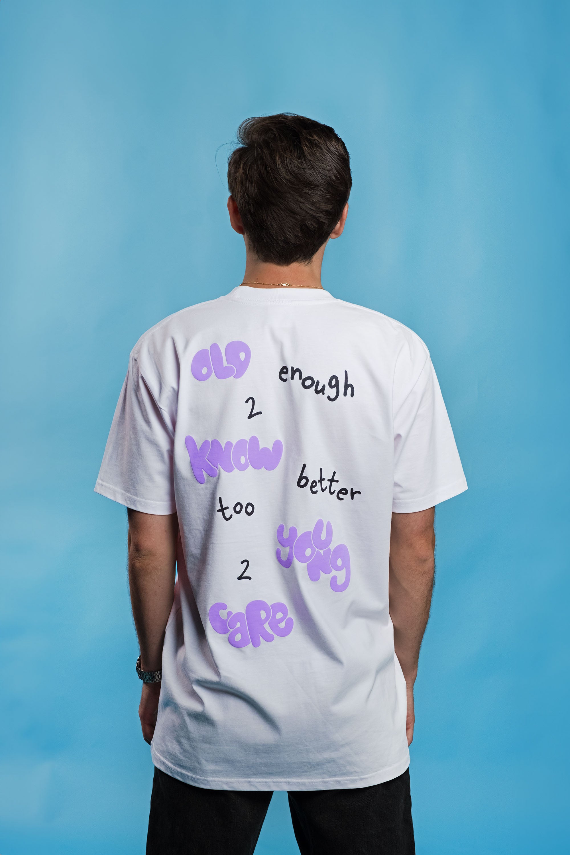 Preshrunk white cotton t-shirt with 'Don't Care' embroidery, puff printing, screen print details