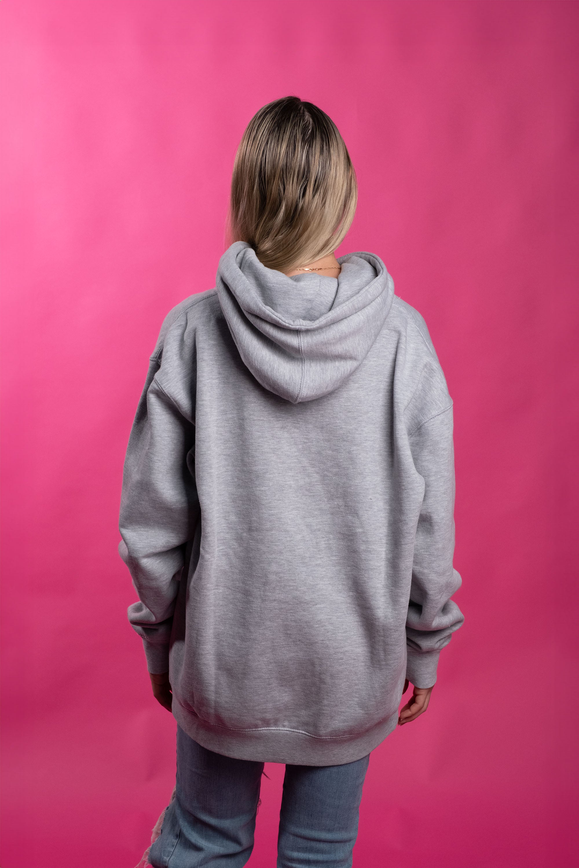 Grey cotton-polyester blend hoodie with an embroidered design of the word 'sucker' and colorful lollipops