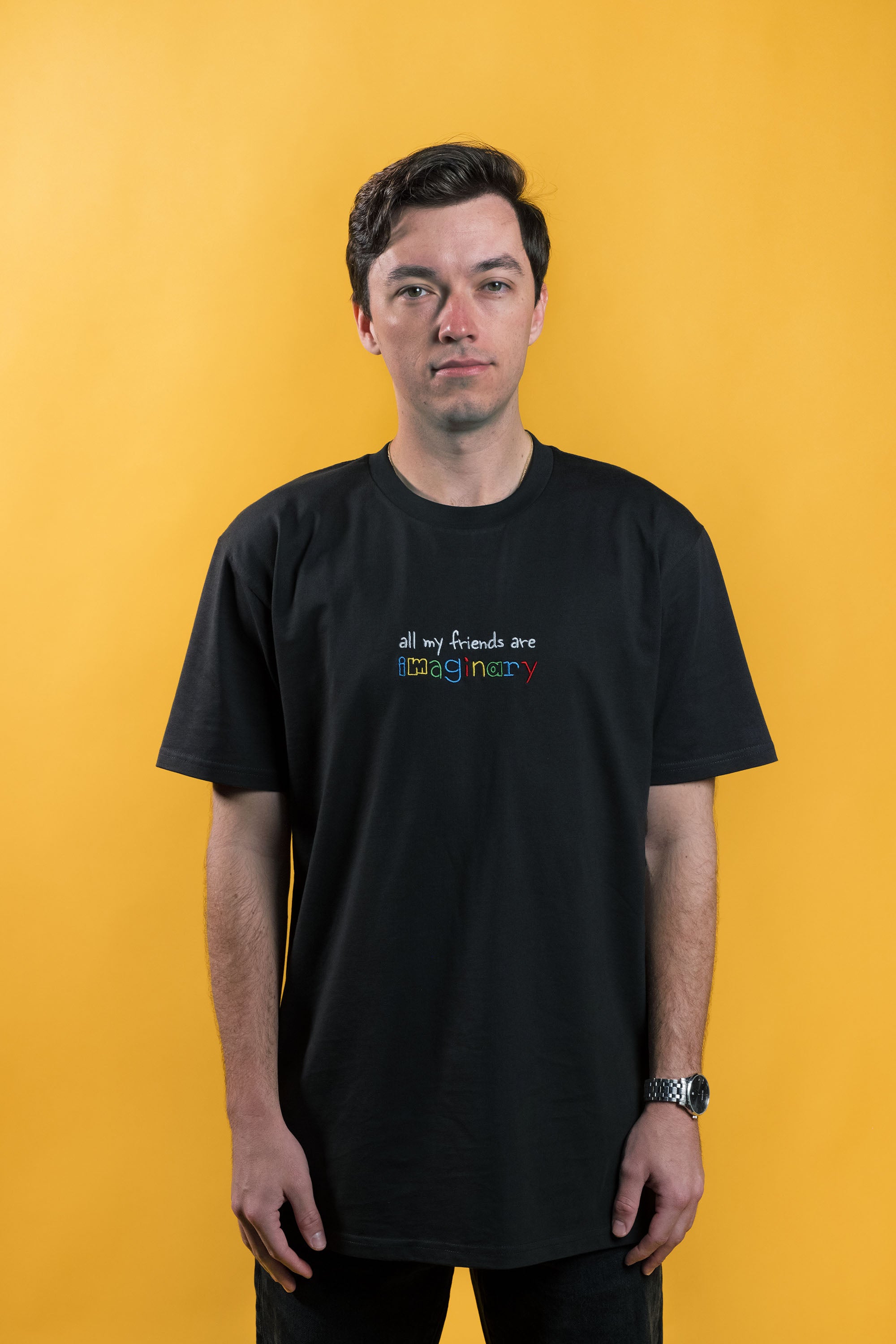 Preshrunk charcoal cotton t-shirt embroidered imaginary friends design