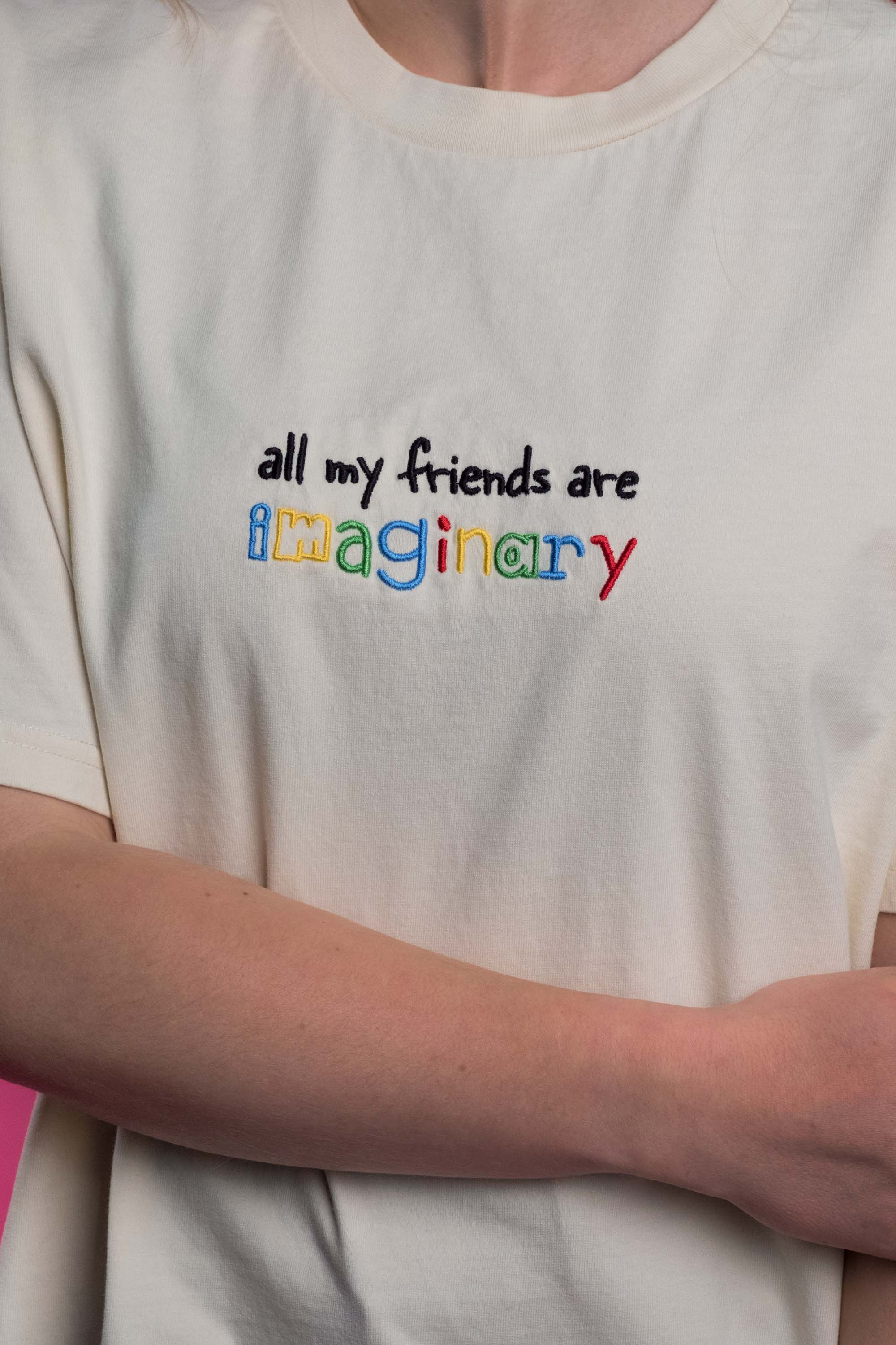 Preshrunk ivory cotton t-shirt embroidered imaginary friends design