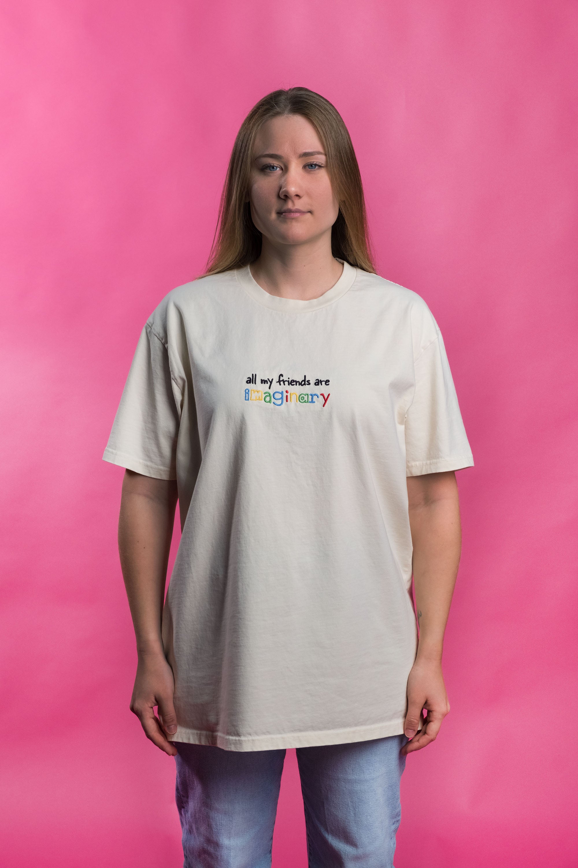 Preshrunk ivory cotton t-shirt embroidered imaginary friends design