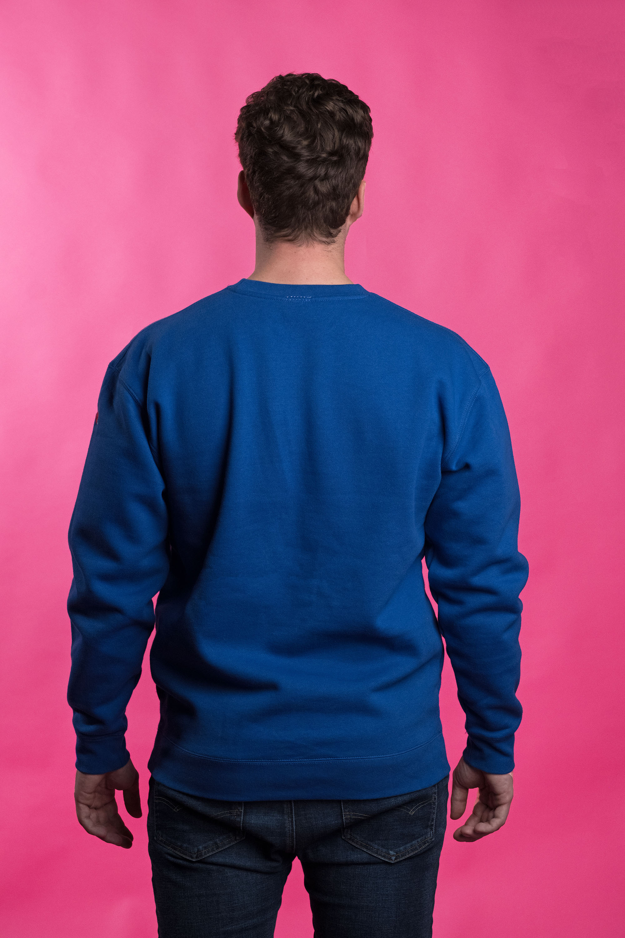 Blue crewneck sweatshirt playful embroidered heart design cozy brushed fleece interior