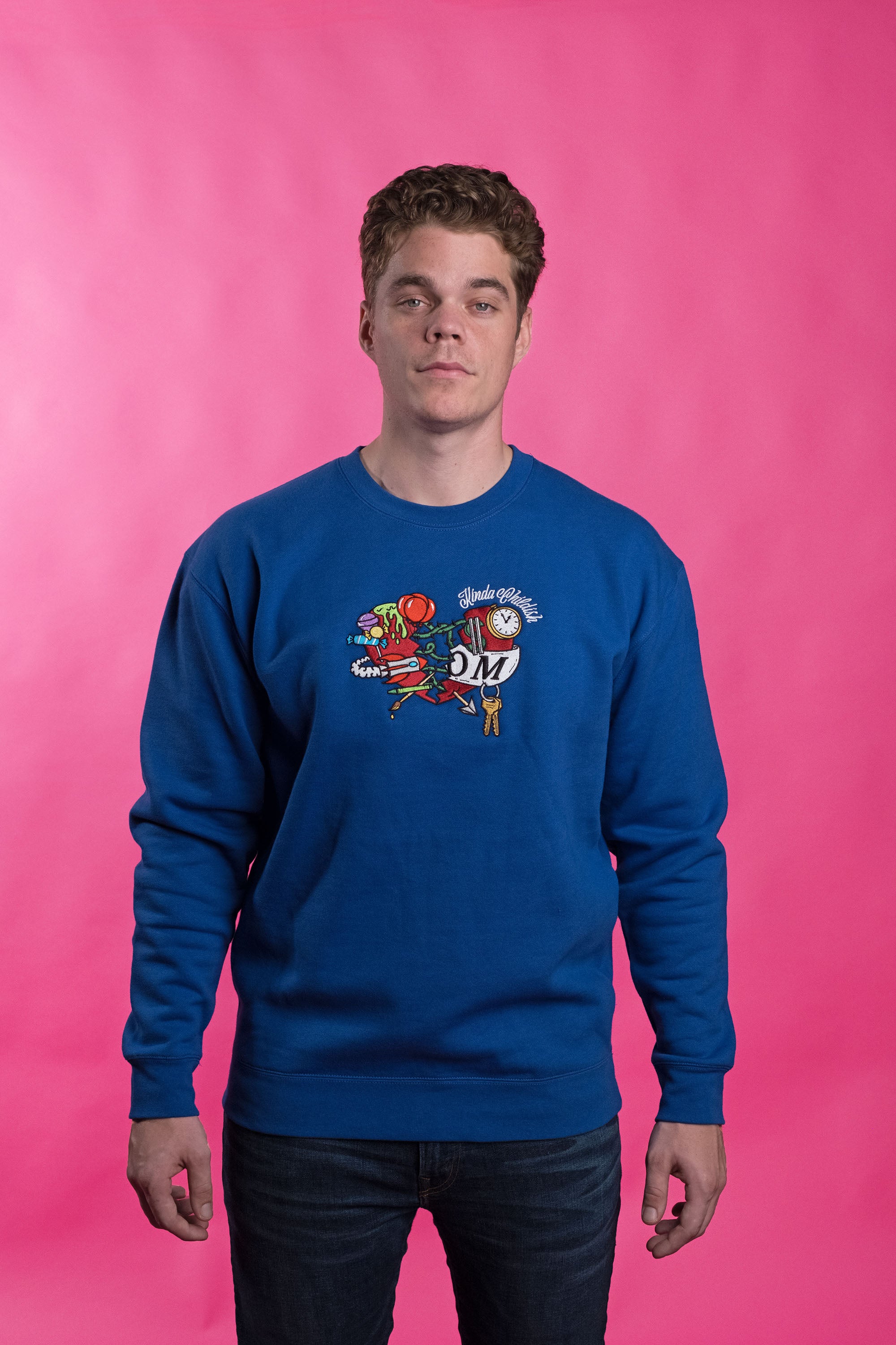 Blue cotton-polyester blend crewneck sweatshirt playful embroidered heart design cozy brushed fleece interior