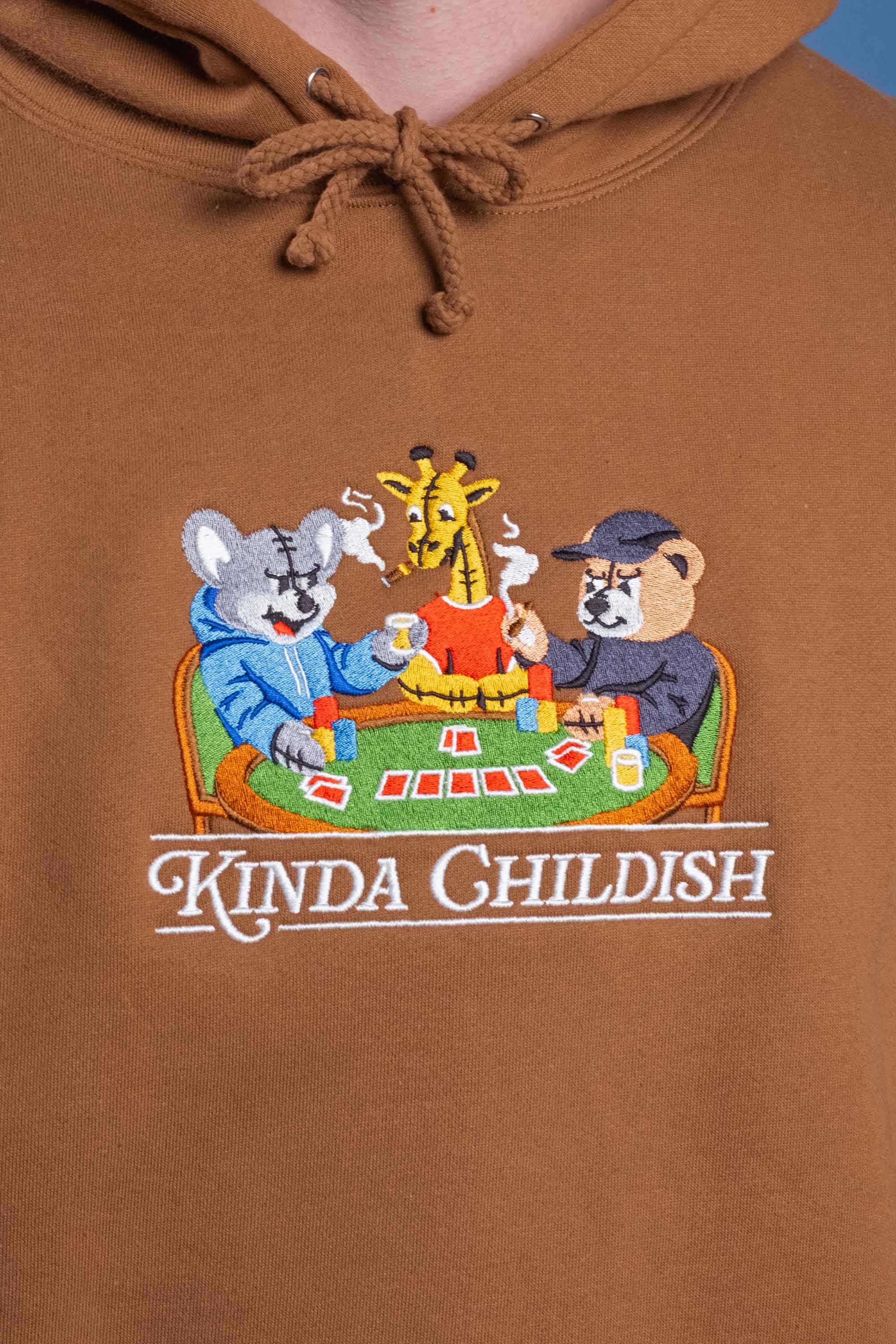 Khaki cotton-polyester blend hoodie with embroidered design of stuffed animals playing poker