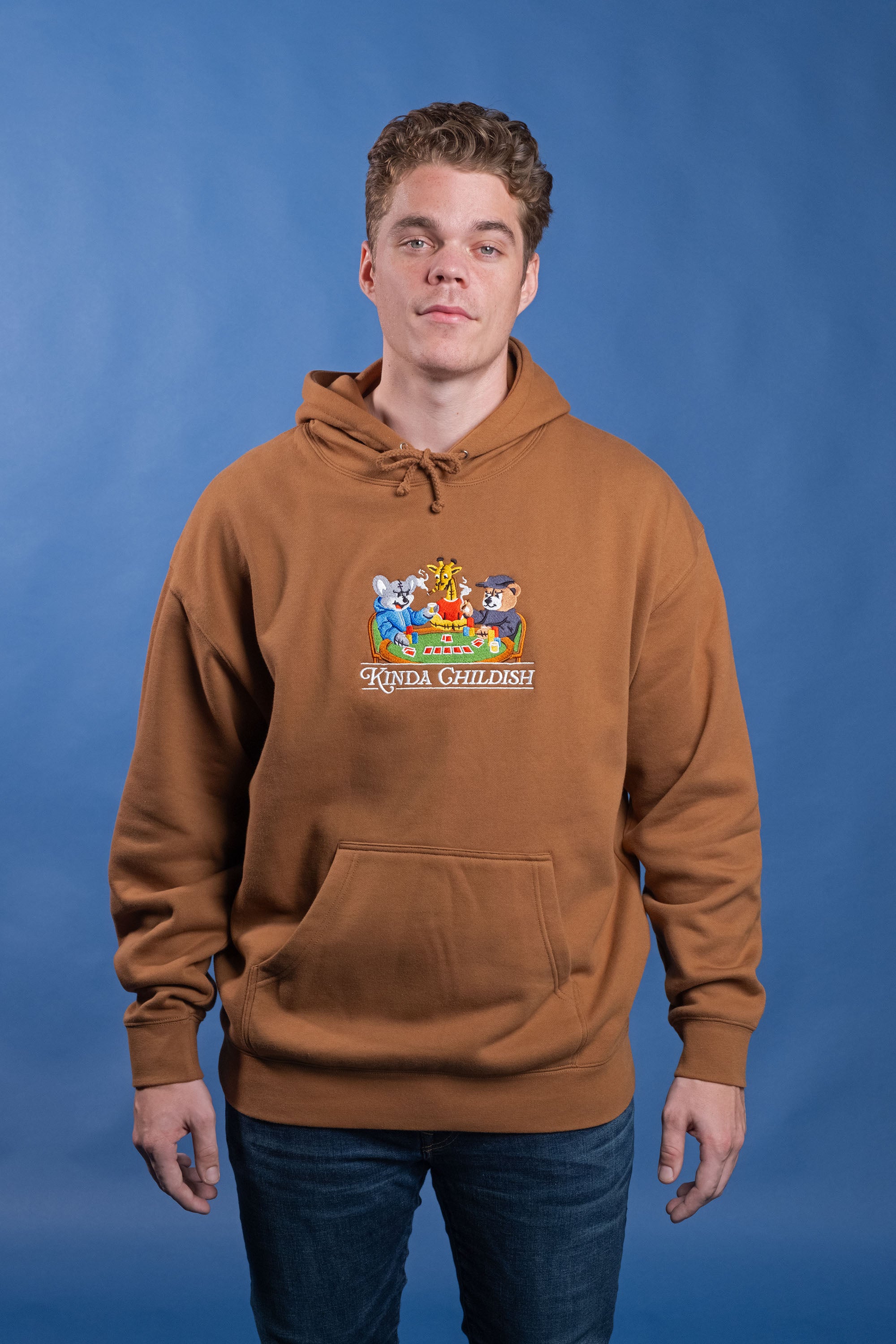 Khaki cotton-polyester blend hoodie with embroidered design of stuffed animals playing poker