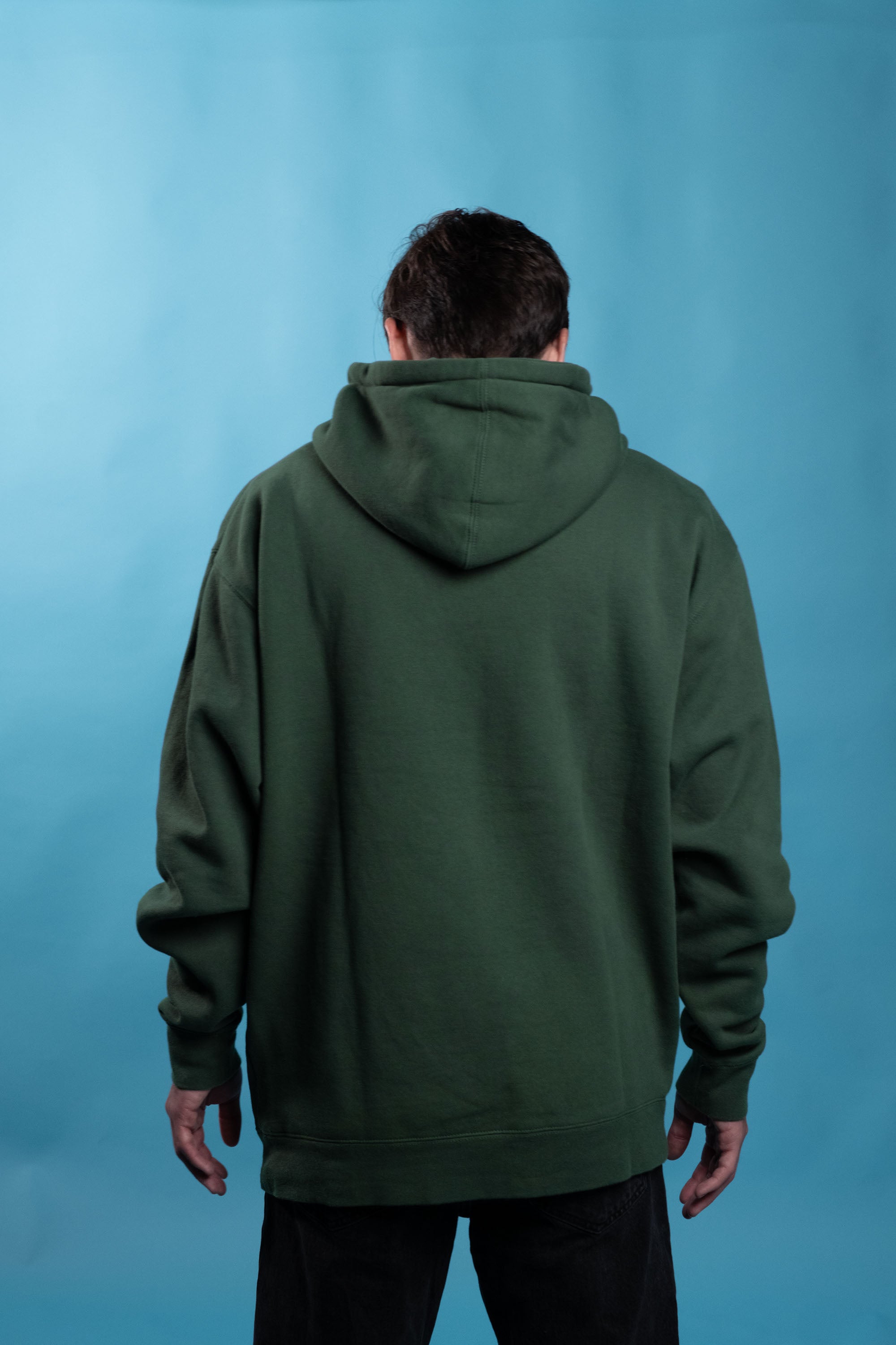 Green cotton-polyester blend hoodie with embroidered design of a drunk driving teddy bear