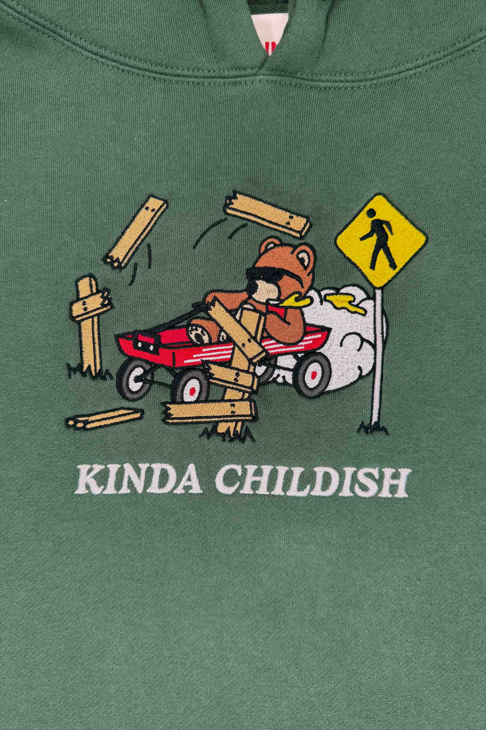 Green cotton-polyester blend hoodie with embroidered design of a drunk driving teddy bear