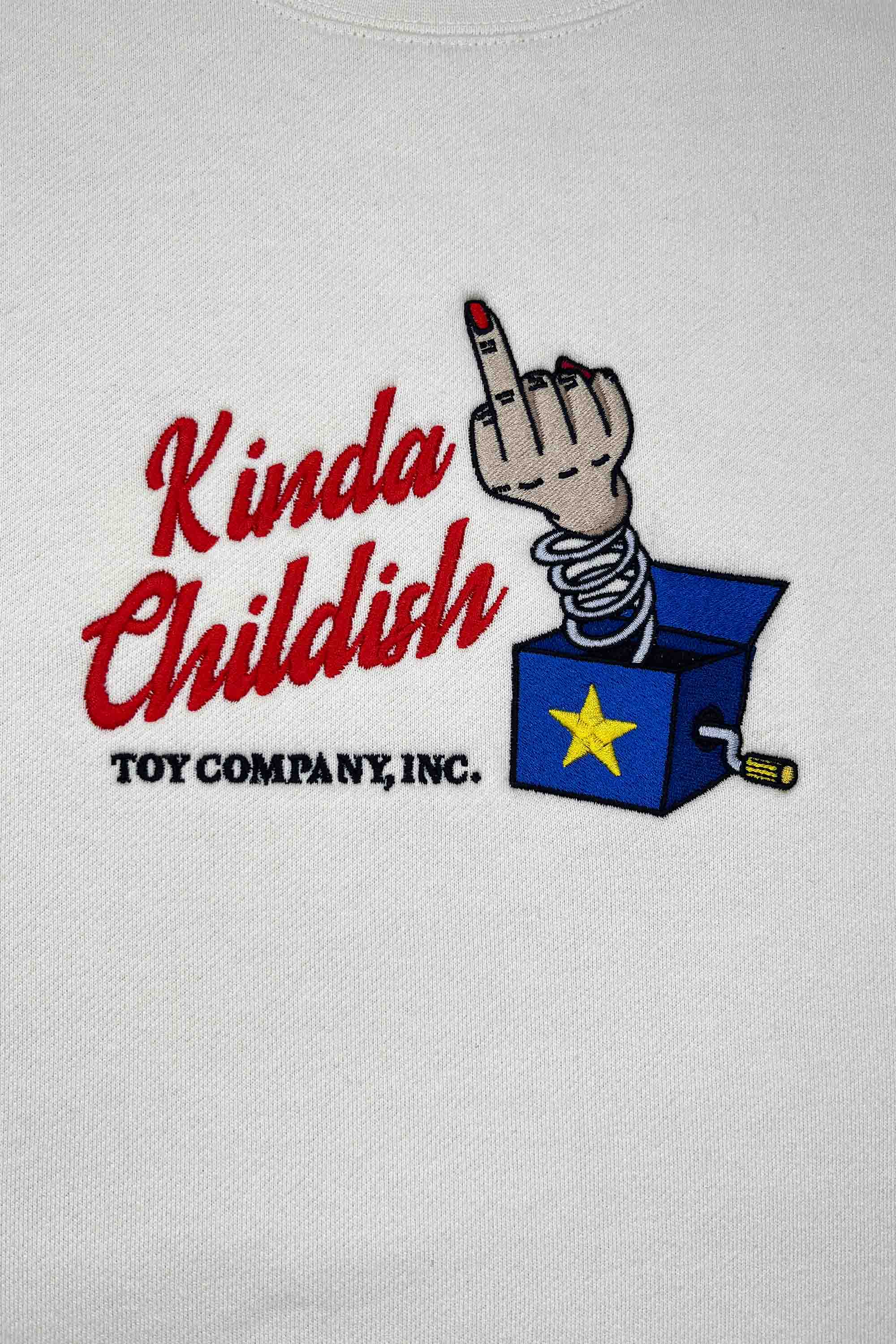 Ivory cotton-polyester blend sweatshirt with an embroidered design of a middle finger popping out of a jack-in-the-box